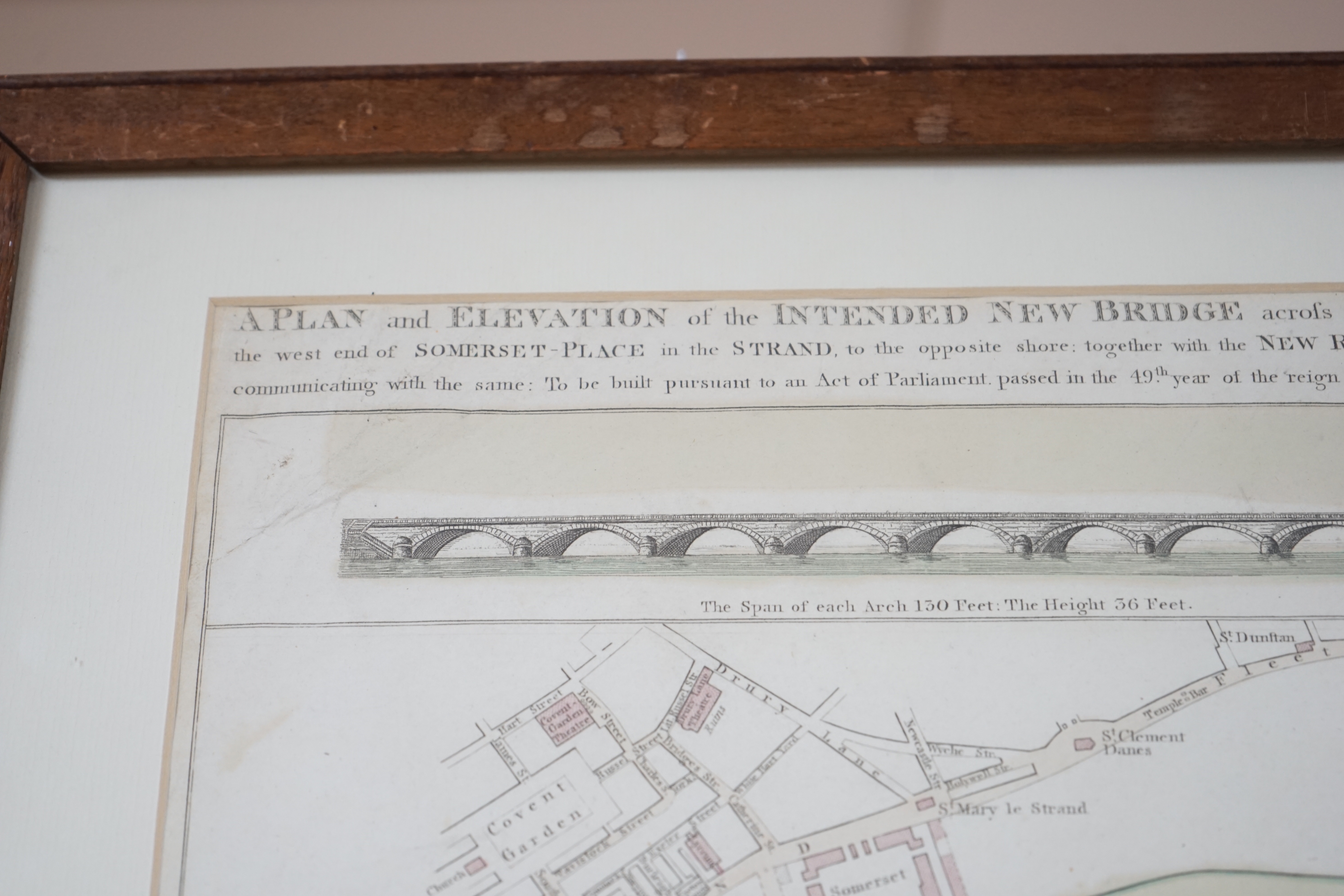 A 19th century engraving, Plan and Elevation of the intended new bridge across The Thames, an Act of Parliament passed in the 49th year of King George III, publ. by L. Luffman, 377 Strand, London, 35 x 28cm